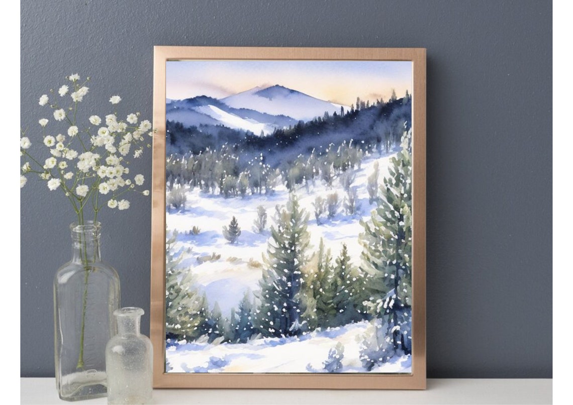 Snowy Mountain Valley At Sunset With Tall Pines Watercolor Art Print - Image 4