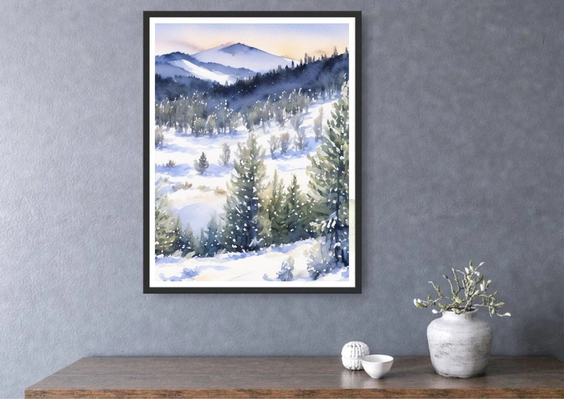 Snowy Mountain Valley At Sunset With Tall Pines Watercolor Art Print - Image 5