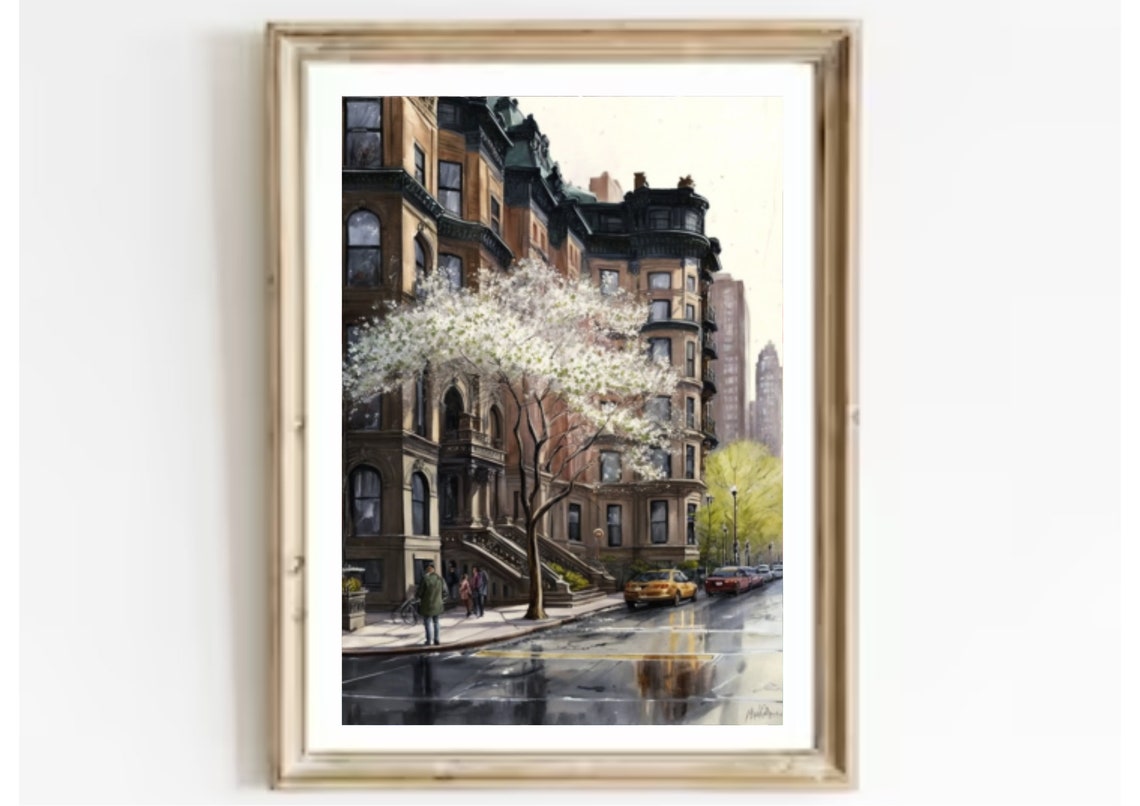 New York Brownstone Street Spring Blossom Yellow Cab Watercolor Poster - Image 3