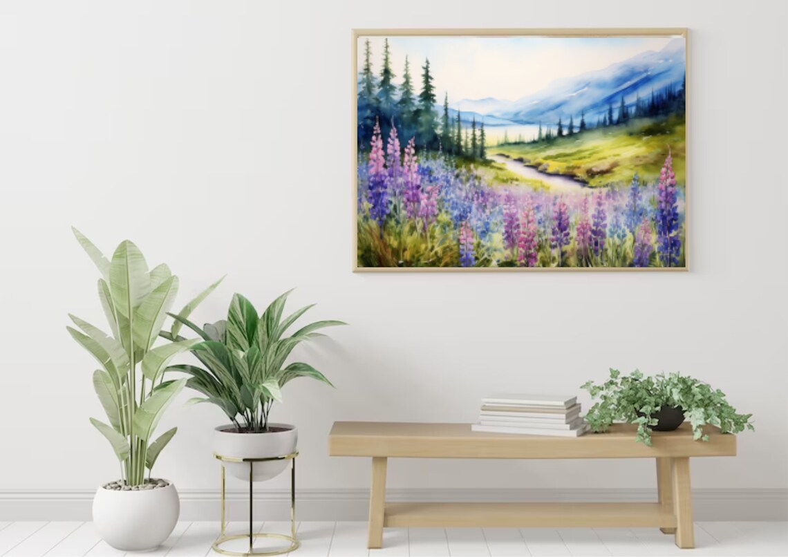 Purple And Pink Lupine Meadow By River Valley Watercolor Floral Poster - Image 4
