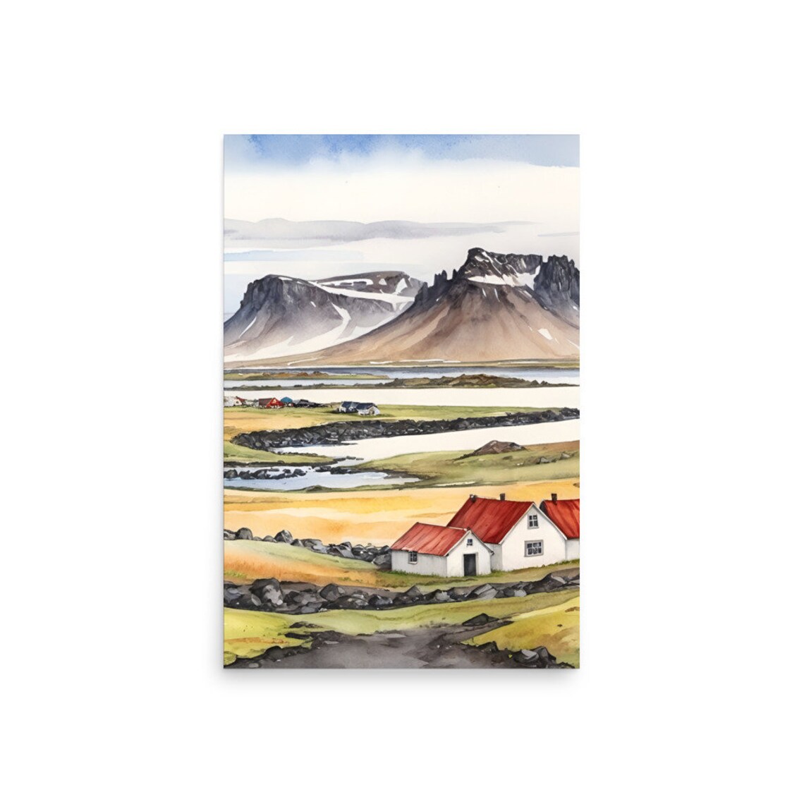 Iceland Red Roof Houses Coastal Meadow Mountain Watercolor Poster - Image 2