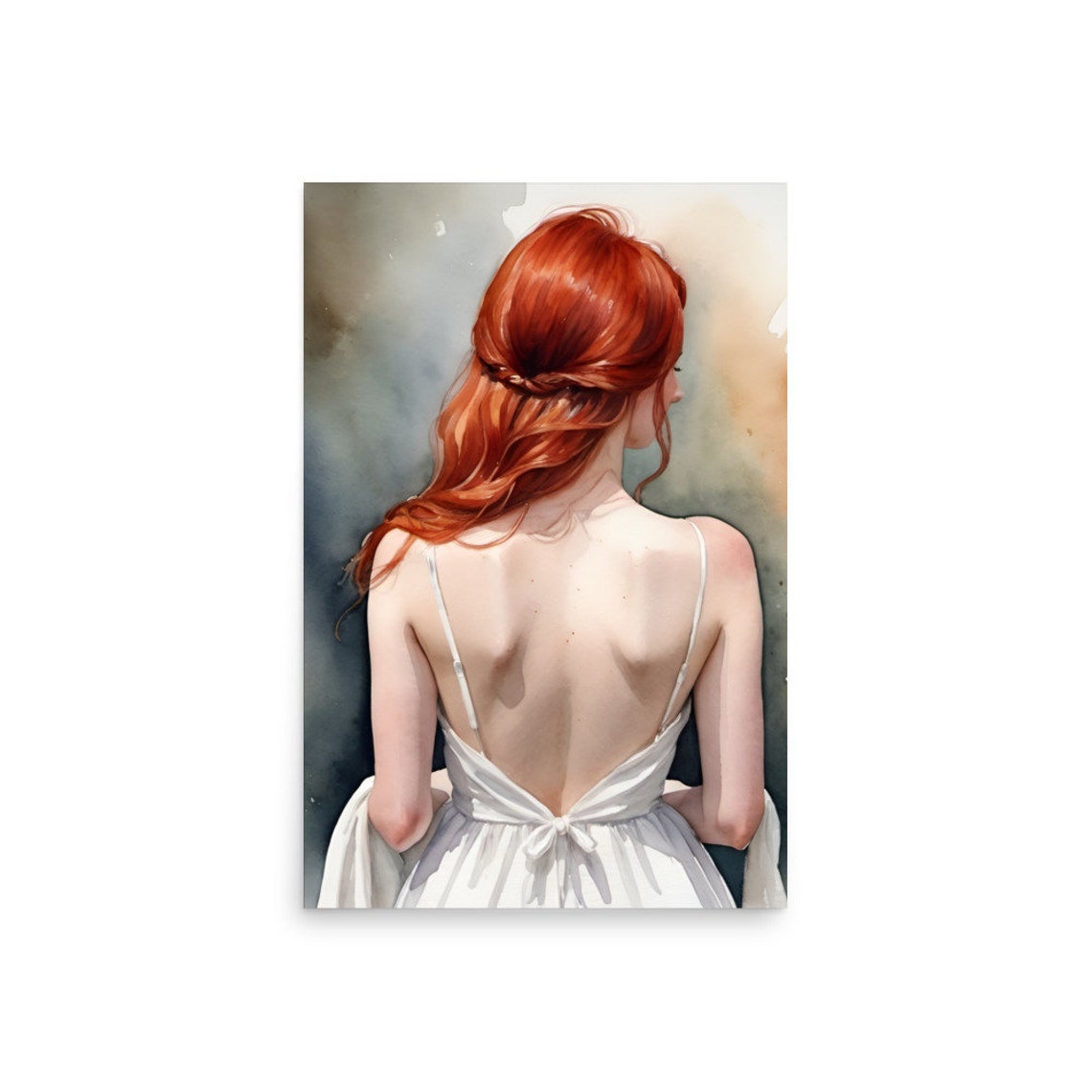Woman In Behind Painting Woman With Red Hair Portrait Watercolor Print Female Portrait In Back Wall Art Woman With Red Hair And White Dress - Image 2