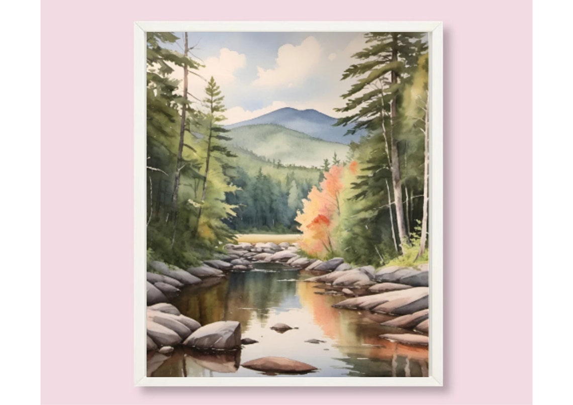 Adirondack Mountain River Evergreen Forest Watercolor Poster - Image 6