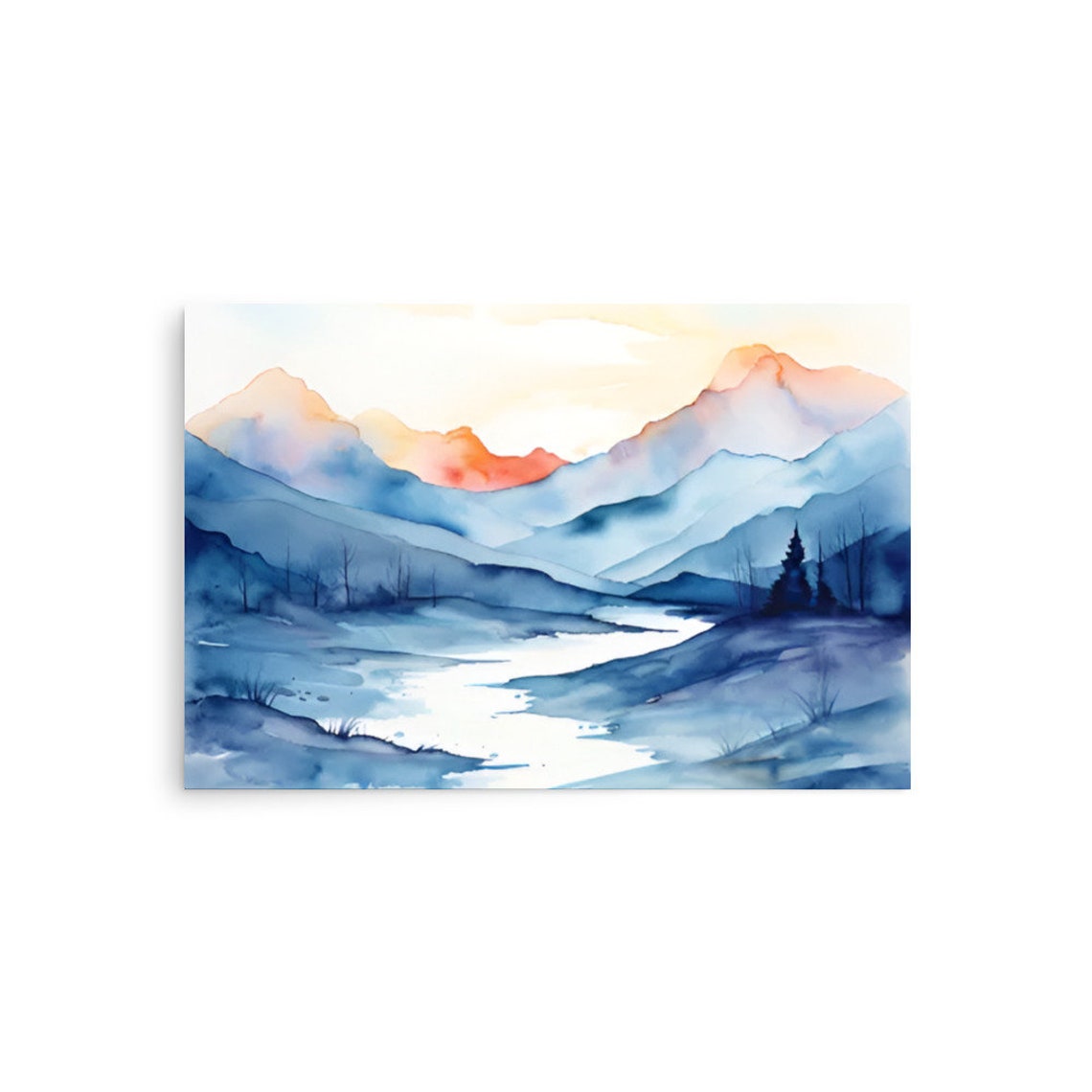 Blue Mountain River Sunset Glow Rosy Peaks Watercolor Landscape Poster - Image 2