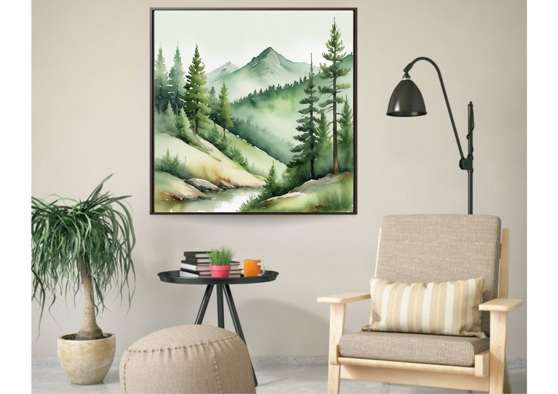 Sage Green Evergreen Mountain Stream Misty Watercolor Poster - Image 4