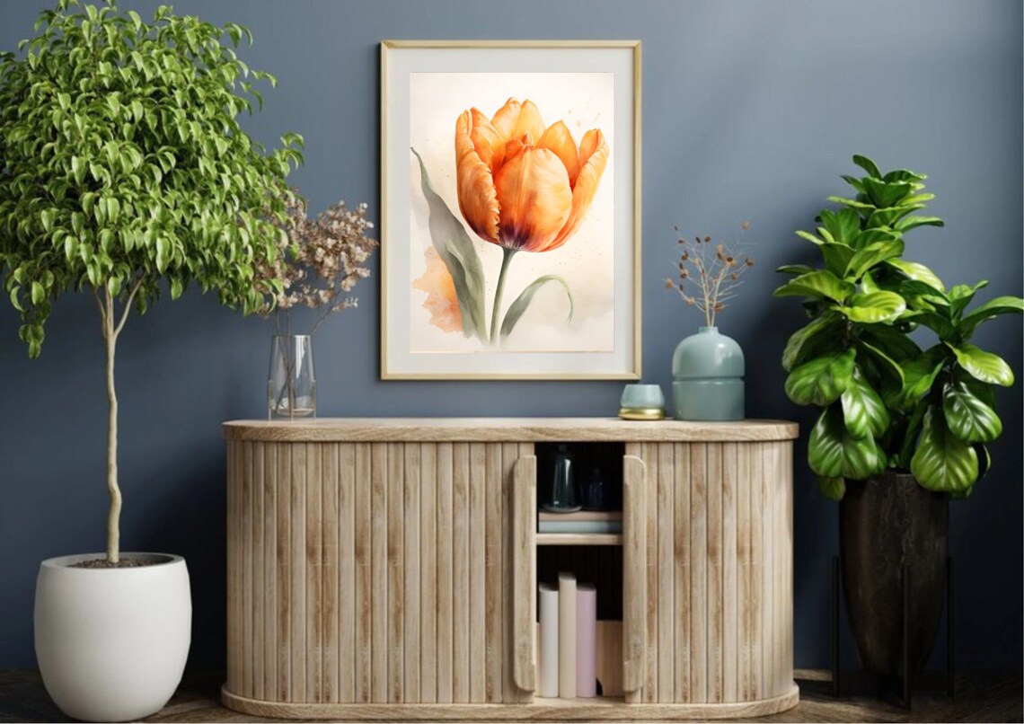 Orange Tulip Watercolor Botanical Flower Single Bloom Close Up Poster - Image 4