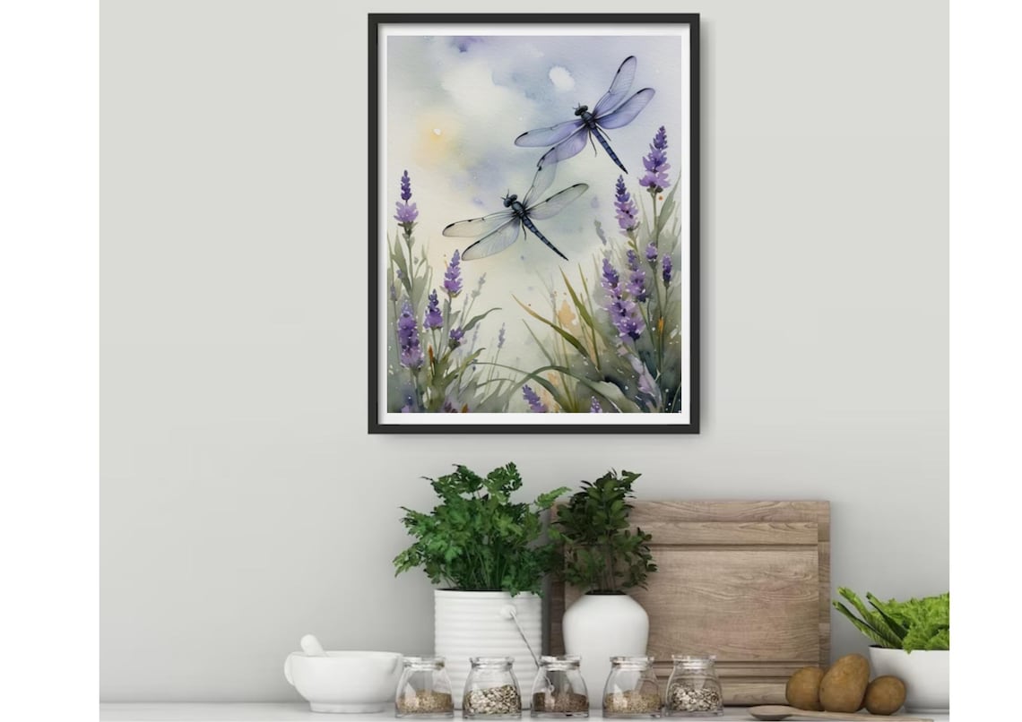 Dragonfly Pair and Lavender Meadow Watercolor Art Print - Image 4