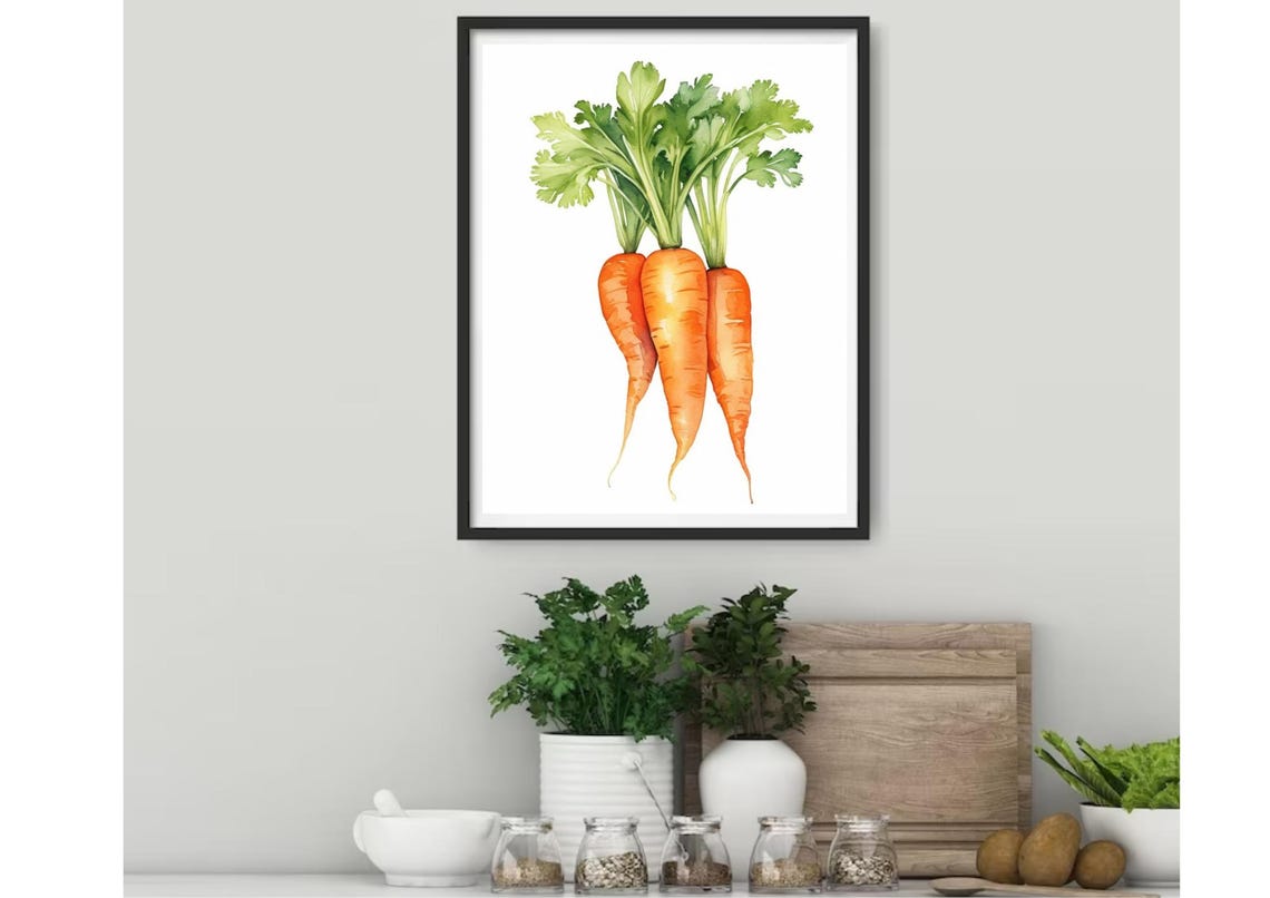 Three Upright Carrots With Leafy Green Tops Watercolor Kitchen Poster - Image 5