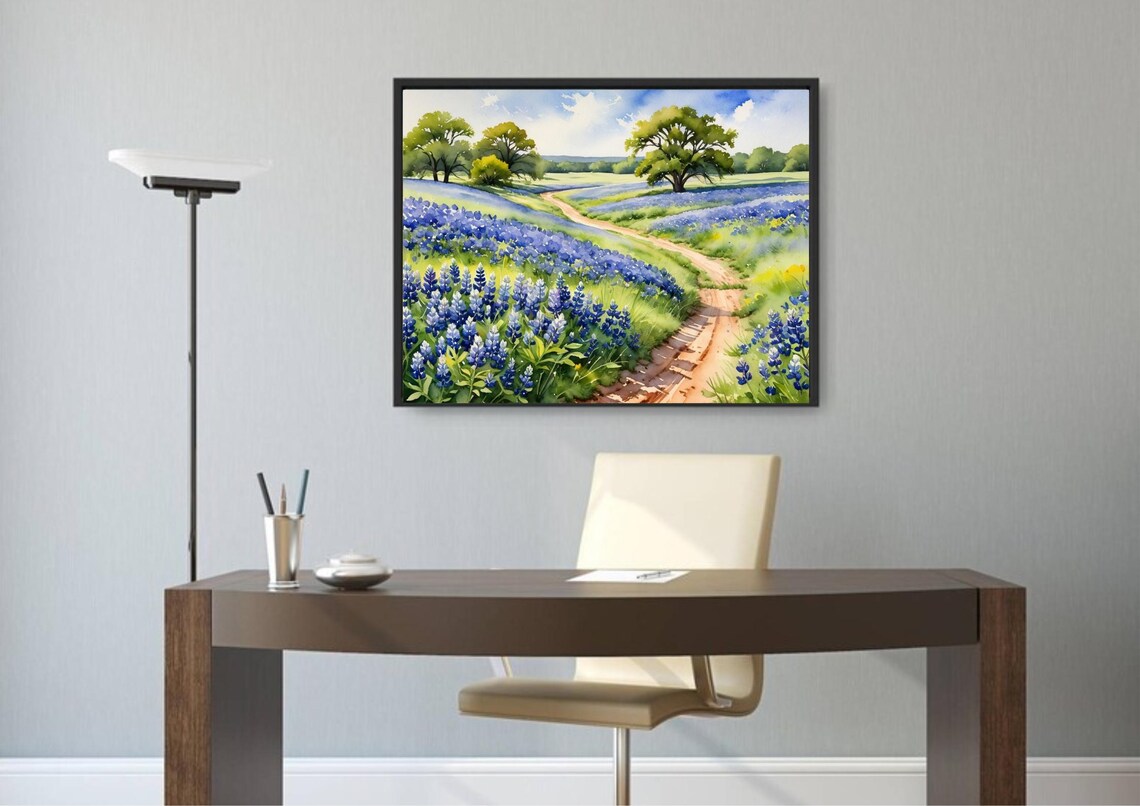 Bluebonnet Meadow Watercolor Art Print, Texas Road - Image 2