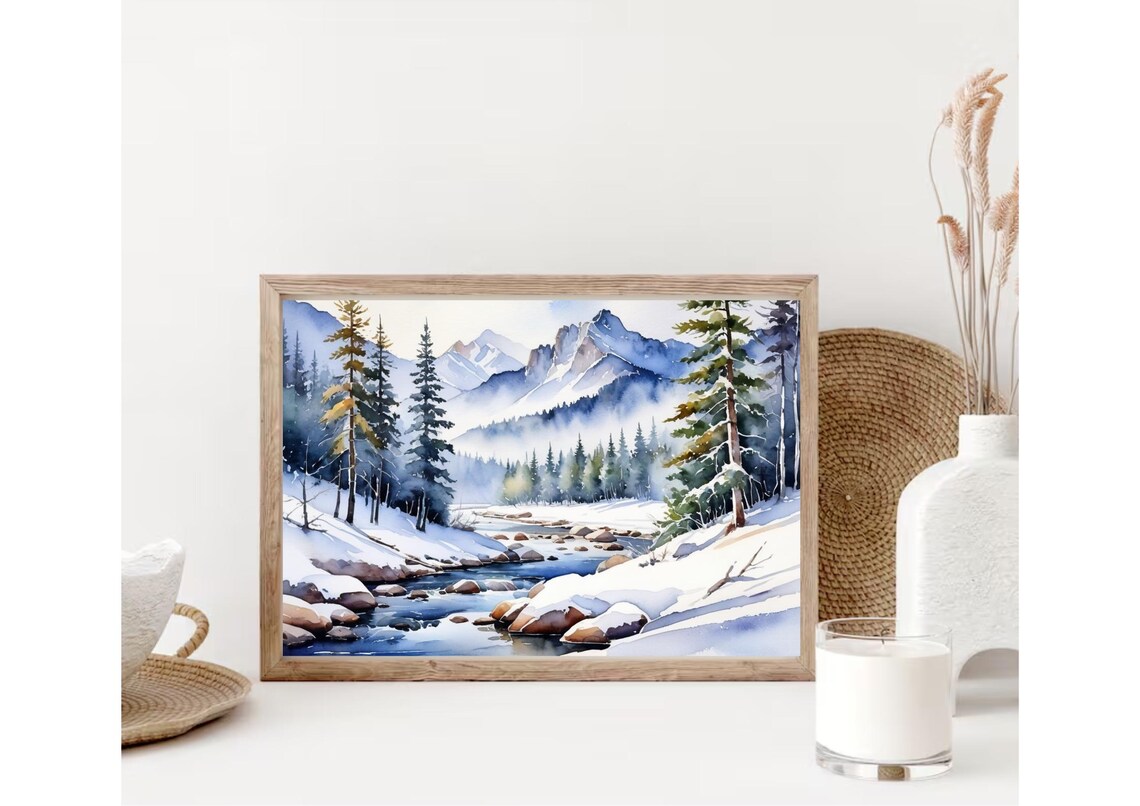 Rocky Mountains Watercolor Art Print, Winter Landscape - Image 4