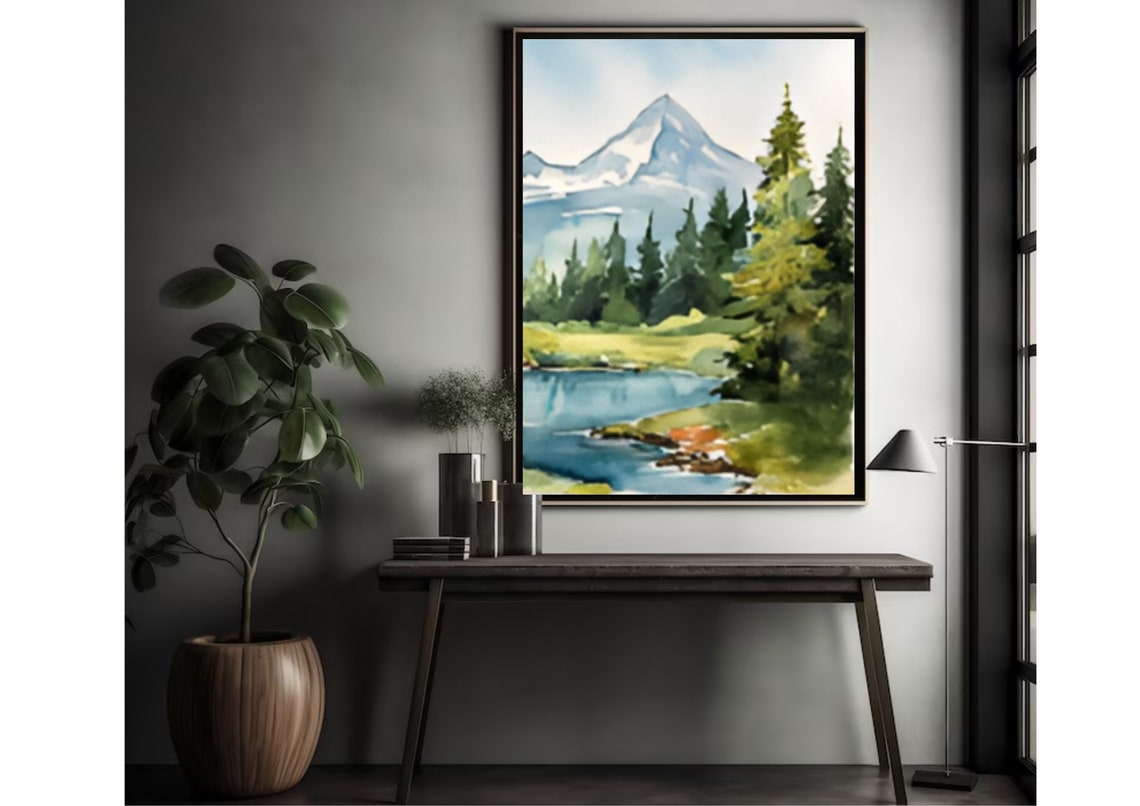 Snowy Mountain Peak Watercolor With Pines and a Quiet River Poster - Image 3