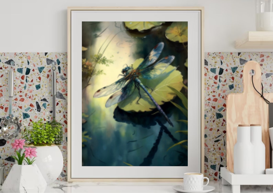 Blue Dragonfly Resting on a Water Lily Leaf Watercolor Poster - Image 3