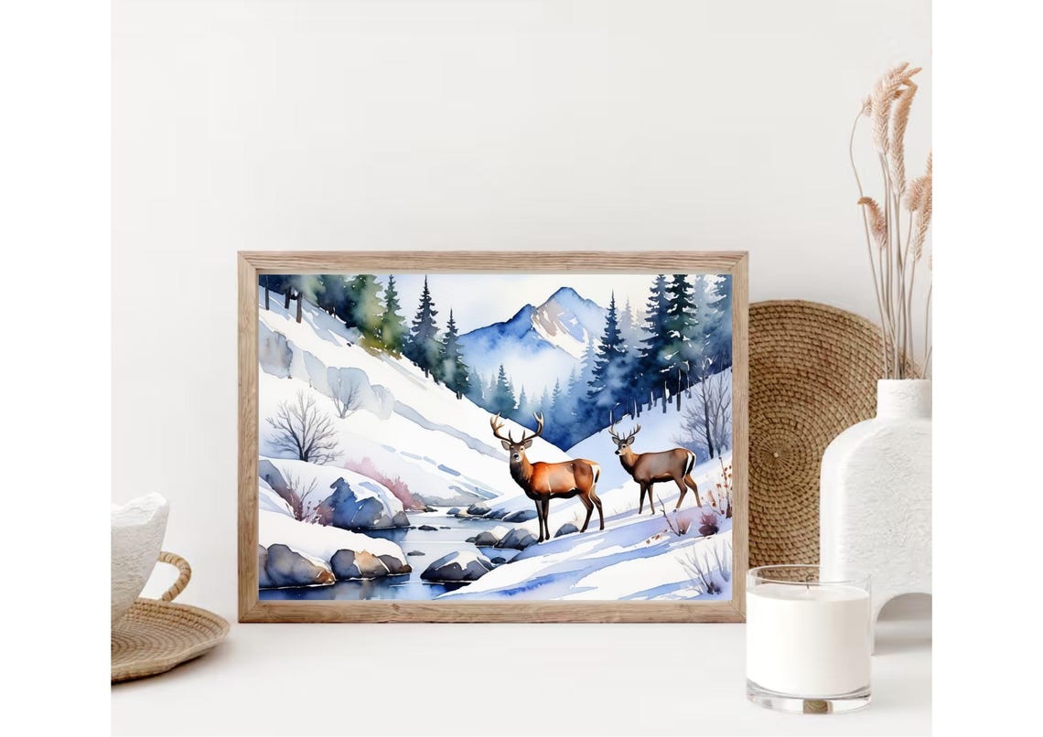 Two Deer in Snowy Mountain Winter Wonderland Watercolor Poster - Image 4
