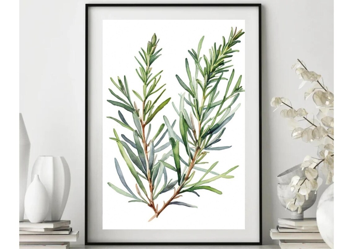 Rosemary Painting Herbs Watercolor Art Print Spices Wall Art Rosemary Still Life Farmhouse Wall Decor Kitchen Still Life Art Green Herbs Art - Image 2
