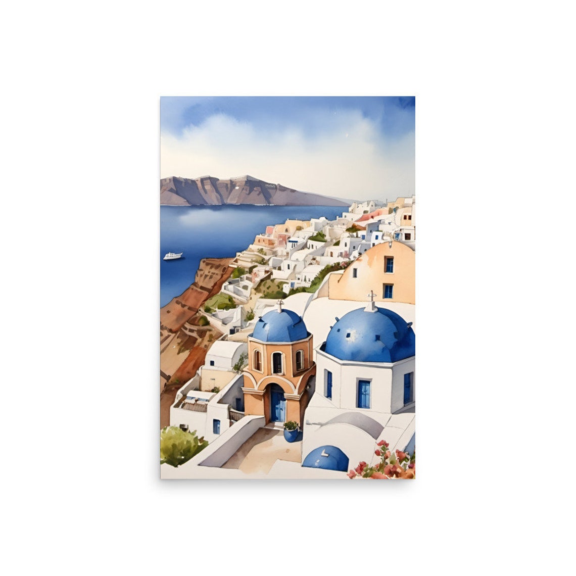 Santorini Blue Domed Churches White Buildings Watercolor Poster - Image 2