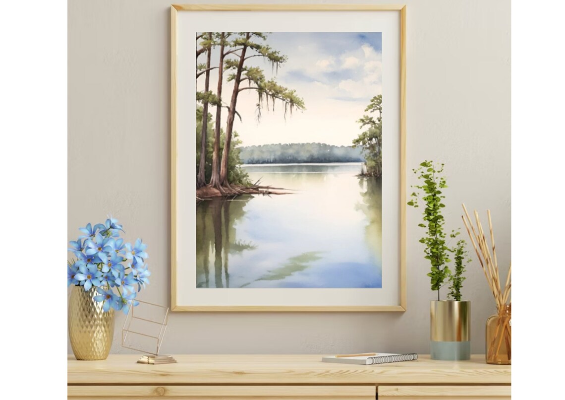 Louisiana Swamp Cypress Moss Calm Lake Watercolor Nature Poster - Image 3