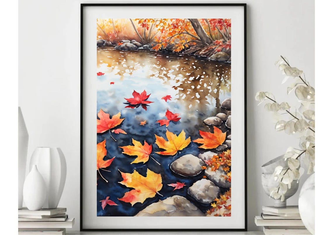 Red Maple Leaves Floating On A Forest Stream Watercolor Poster - Image 4