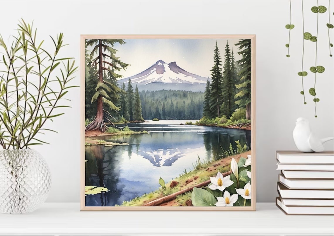 Trillium Lake Watercolor Art Print, Mt Hood Oregon - Image 3
