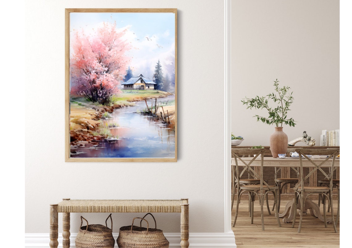 Spring Country Landscape Painting Vermont Watercolor Art Print Cherry Blossom Tree Art Watercolor Farmhouse Poster Country River Wall Art - Image 4