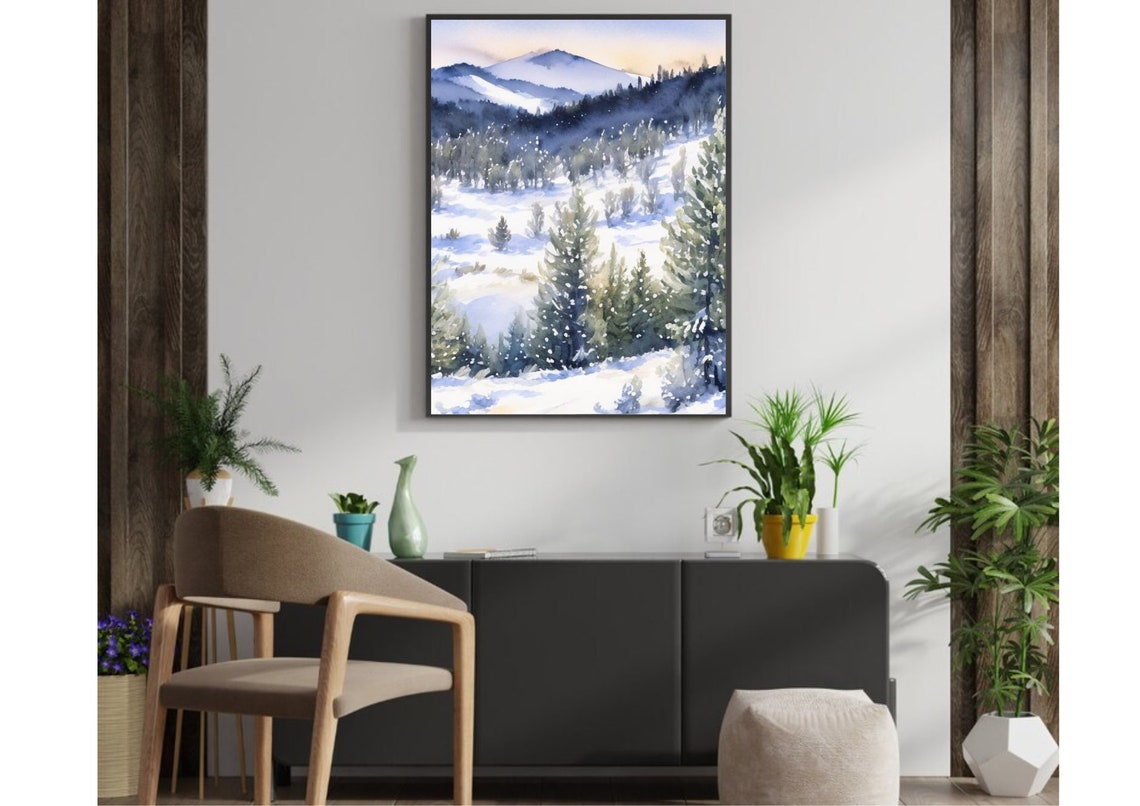 Snowy Mountain Valley At Sunset With Tall Pines Watercolor Art Print - Image 3
