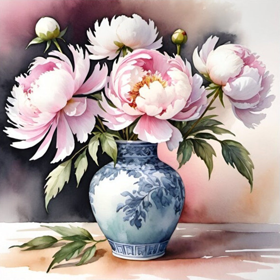 Peony Painting Pink Peonies In Blue Vase Watercolor Art Print Floral Still Life Wall Art Pink Flowers Still Life Art Botanical Poster - Image 2