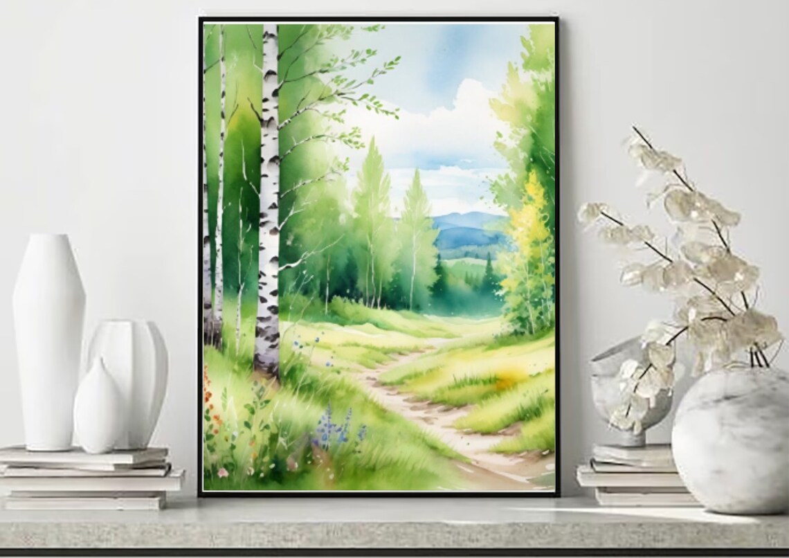 Aspen Hiking Trail in Birch Forest, Watercolor Art Print - Image 5