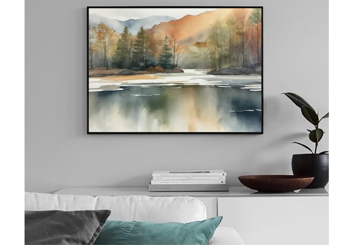 Tahoe Lake Painting California Lake Landscape Watercolor Art Print Mountain Forest Lake Wall Art Earth Tones Panoramic Foggy Landscape Art - Image 6