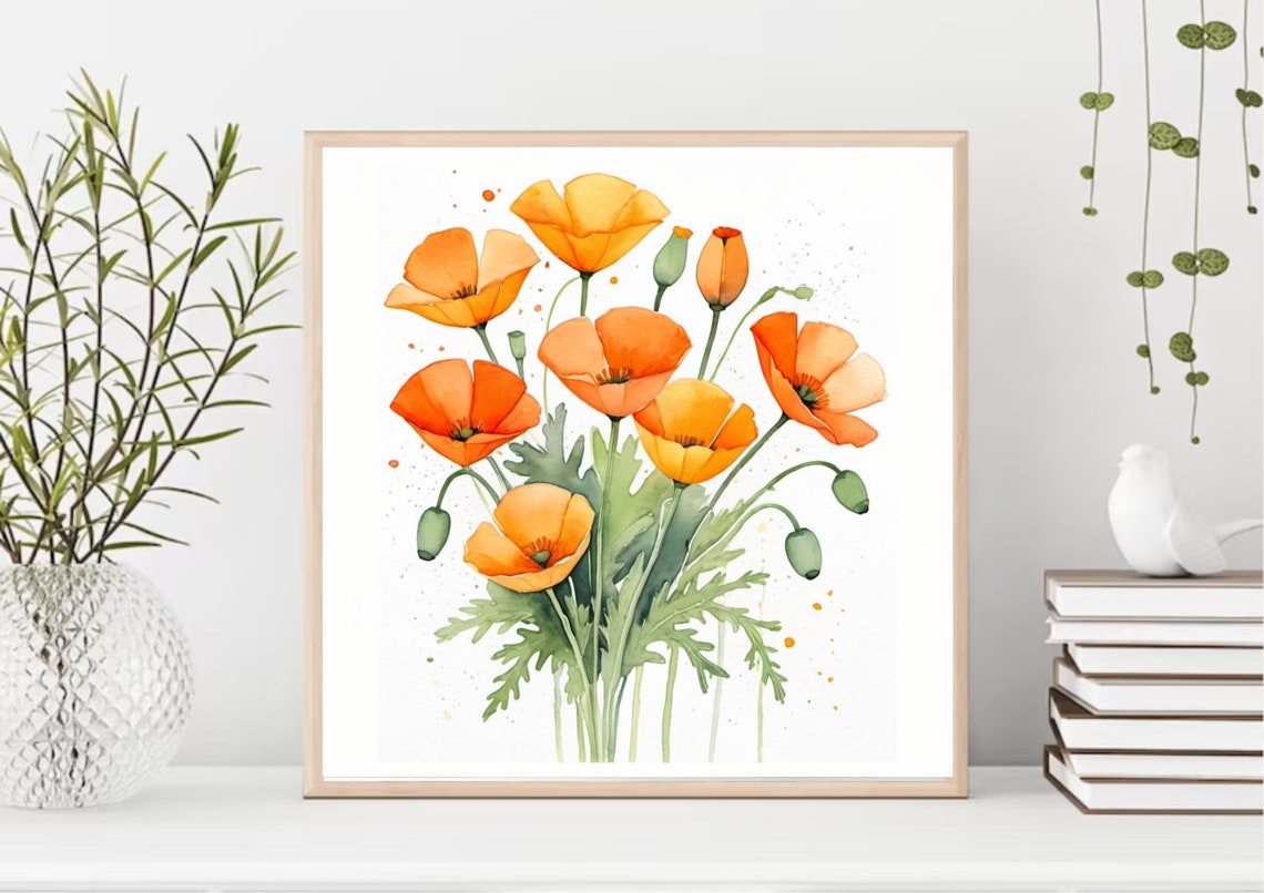 California Poppies Painting Orange Poppies Watercolor Art Print Orange Poppy Flowers Wall Art Watercolor Floral Art Neutral Botanical Art - Image 4