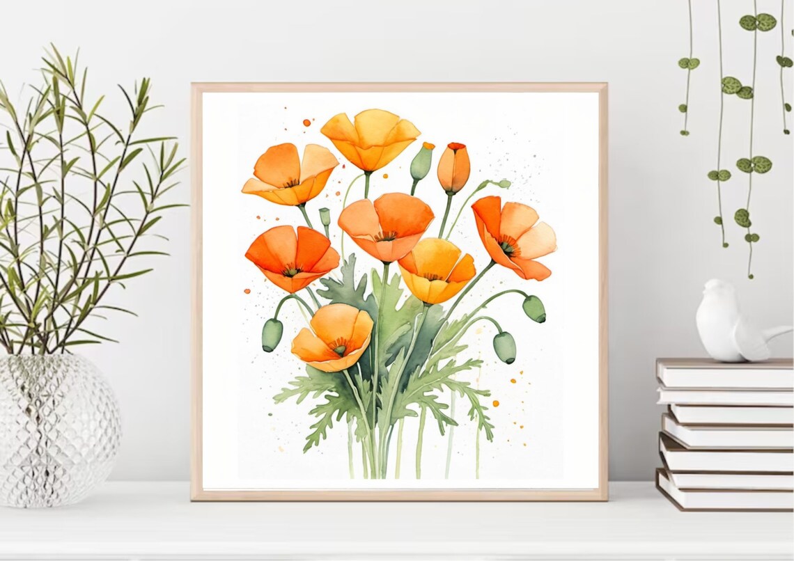 Orange California Poppy Bouquet White Watercolor Floral Poster - Image 4
