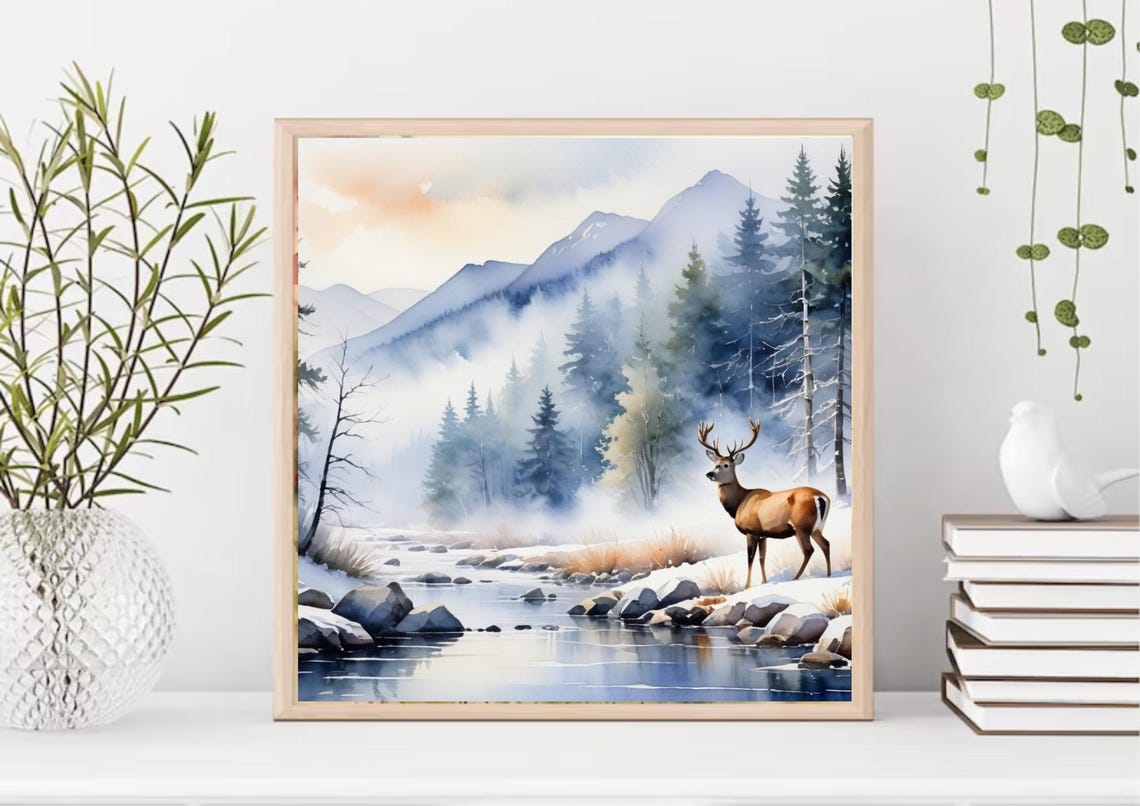 Majestic Buck Deer by Snowy Mountain Stream Watercolor Poster - Image 5
