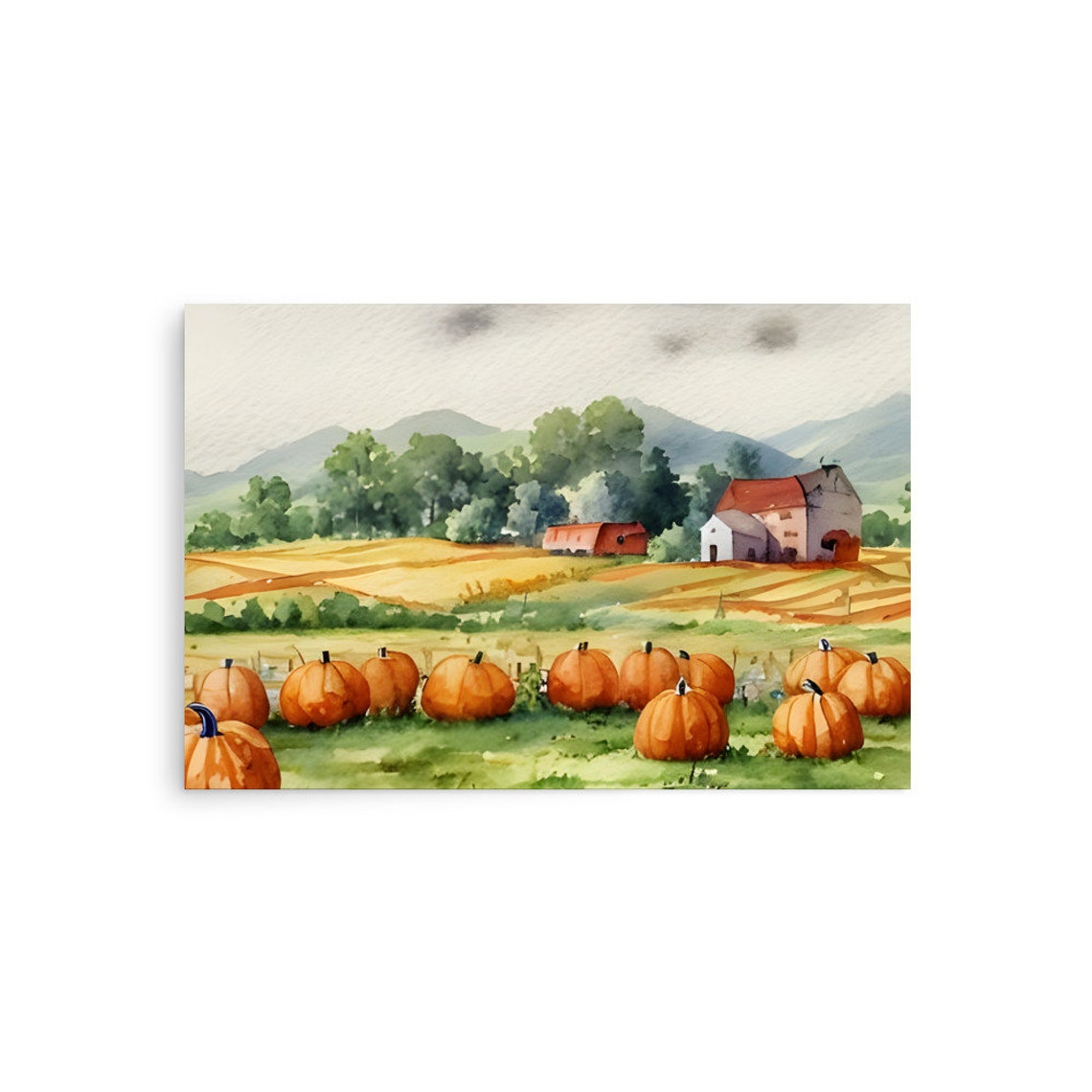 Pumpkins Farm Watercolor Painting Pumpkins Patch And Formhouse Art Print Country Landscape Wall Art Autumn Farmhouse Landscape Art Prints - Image 2