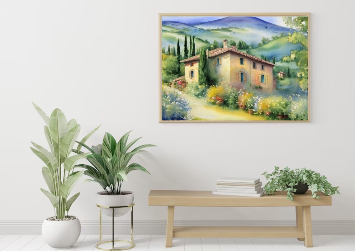 Tuscany Country Villa Watercolor Among Cypress Trees and Hills Poster - Image 5