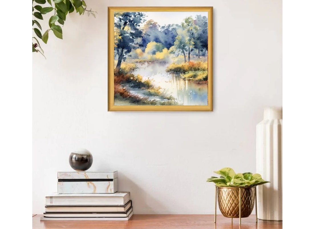 Misty Autumn River Watercolor in Warm Golden Fall Tones Poster - Image 2
