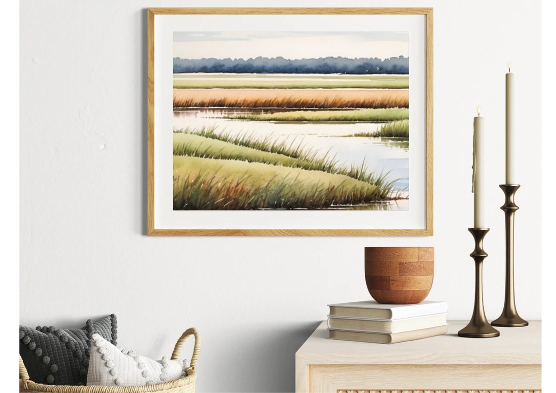 Louisiana Marsh Grass Water Watercolor Panoramic Wetland Art Poster - Image 3