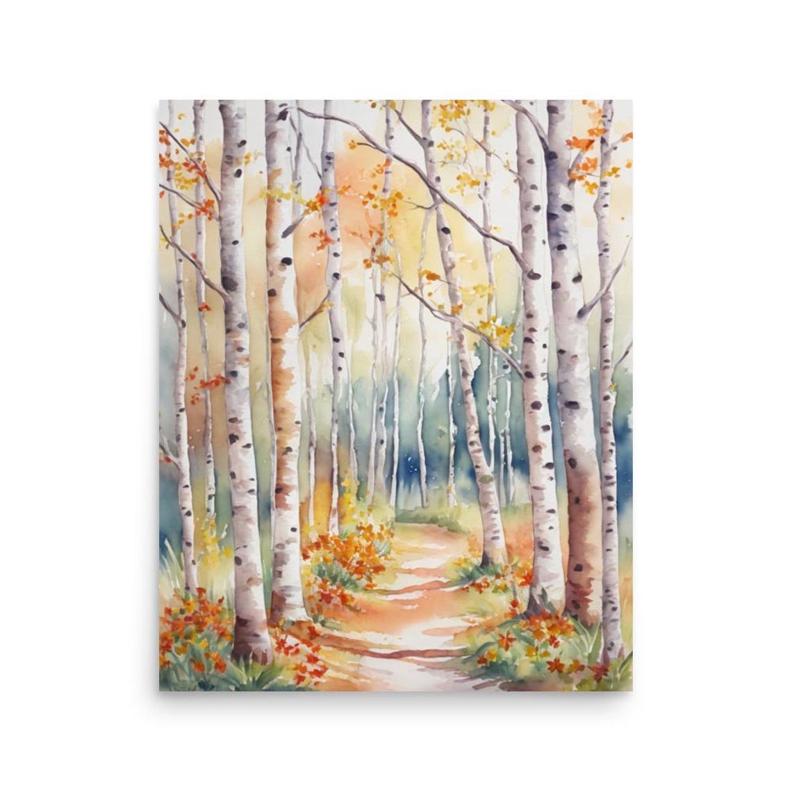 Autumn Birch Forest Path Watercolor Fall Aspen Trail Landscape Poster - Image 3