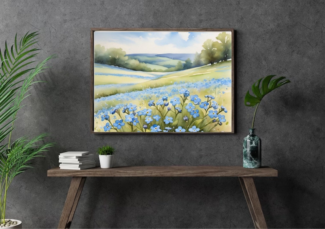 Forget Me Not Valley Of Blue Wildflowers Under Rolling Hills Poster - Image 5