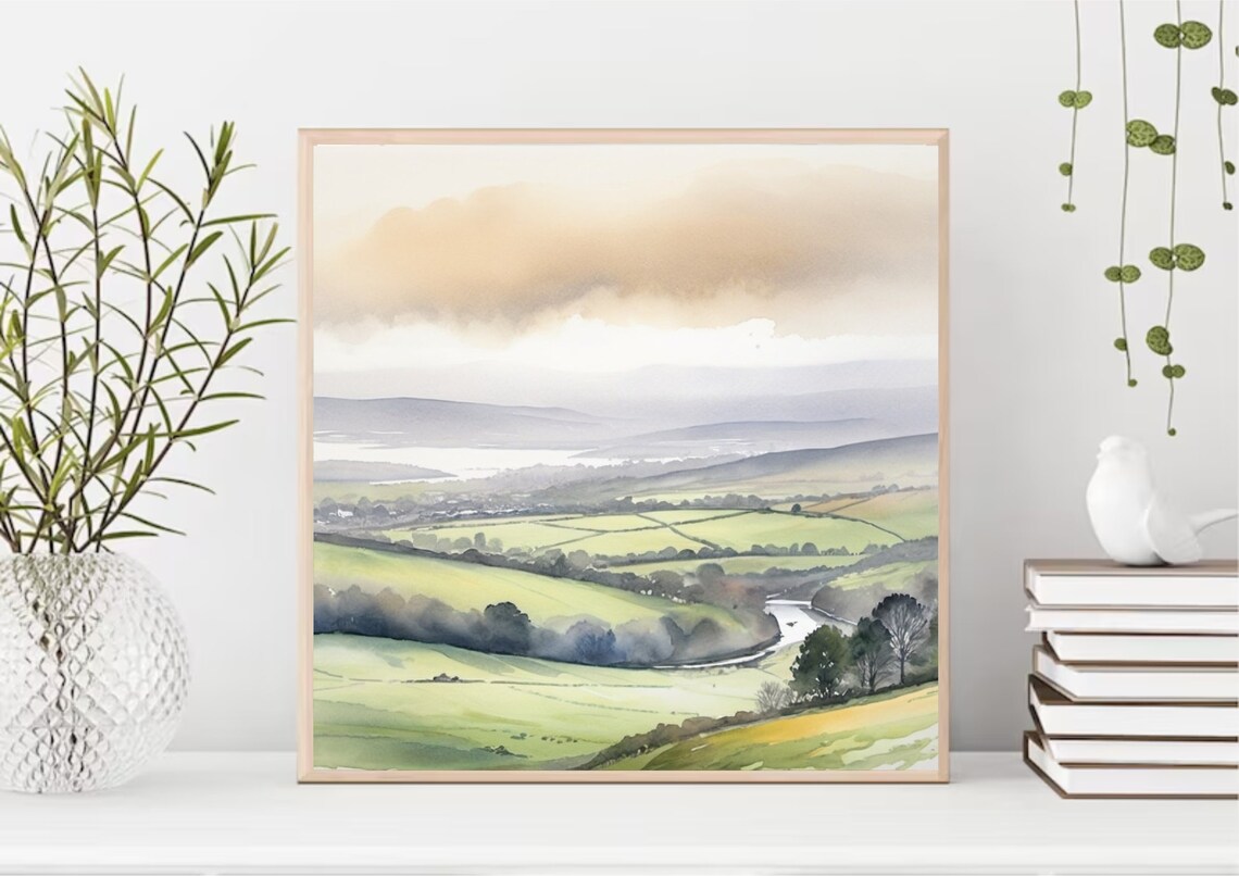 Foggy Irish Countryside Green Hills Watercolor Landscape Art Poster - Image 4
