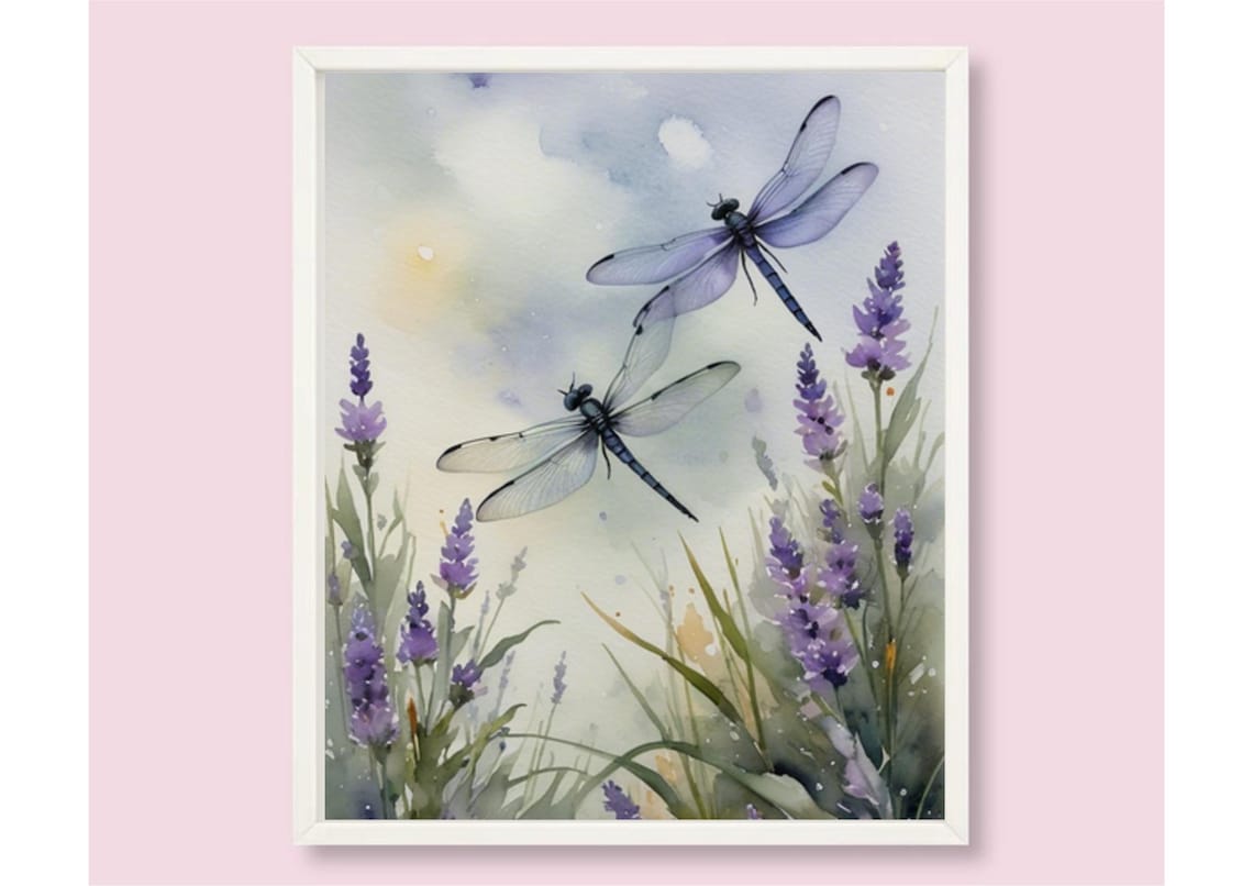 Dragonfly Pair and Lavender Meadow Watercolor Art Print - Image 6