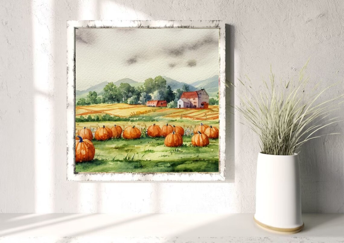 Pumpkin Patch and Farmhouse Watercolor Autumn Farm Scene Poster - Image 4