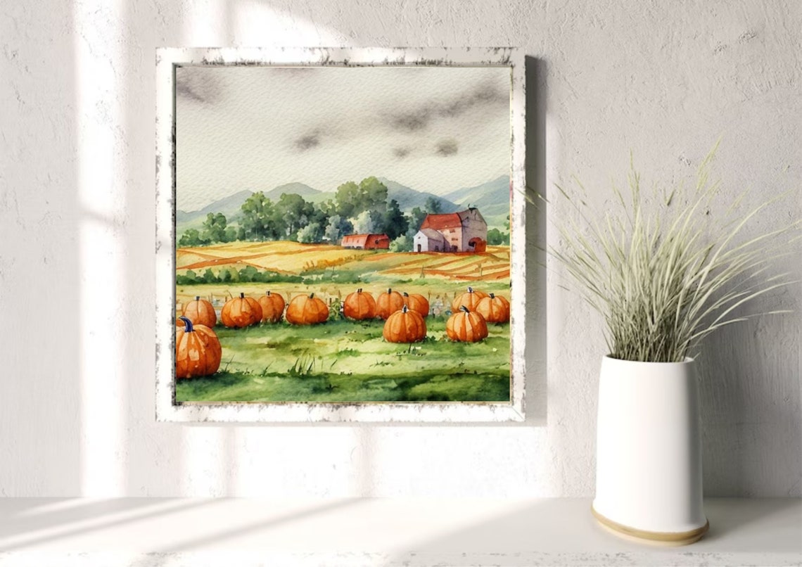 Pumpkins Farm Watercolor Painting Pumpkins Patch And Formhouse Art Print Country Landscape Wall Art Autumn Farmhouse Landscape Art Prints - Image 4