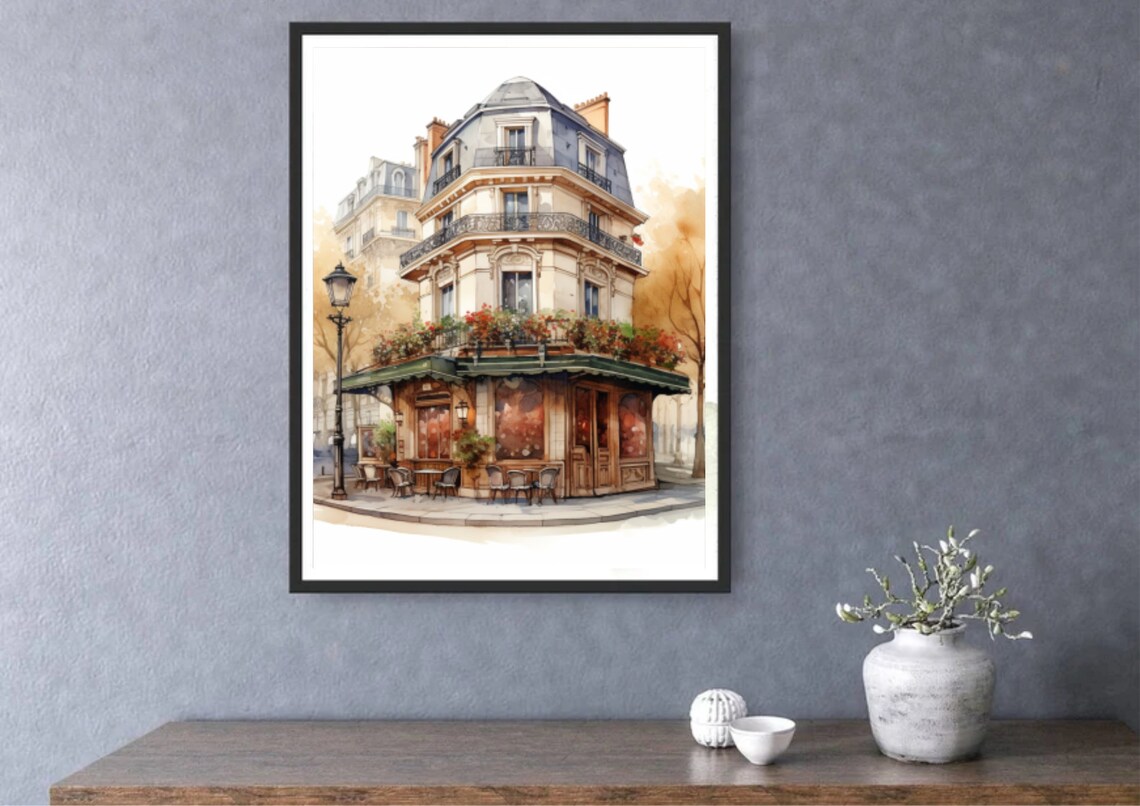 Paris Corner Cafe Watercolor With Flowers in Soft Tones Poster - Image 4