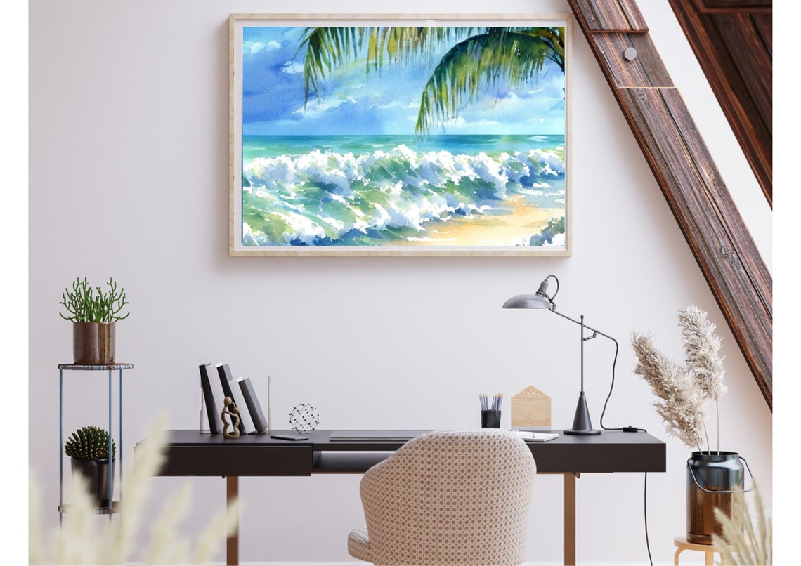 Tropical Beach Waves Under Palm Fronds Watercolor Seascape Poster - Image 5