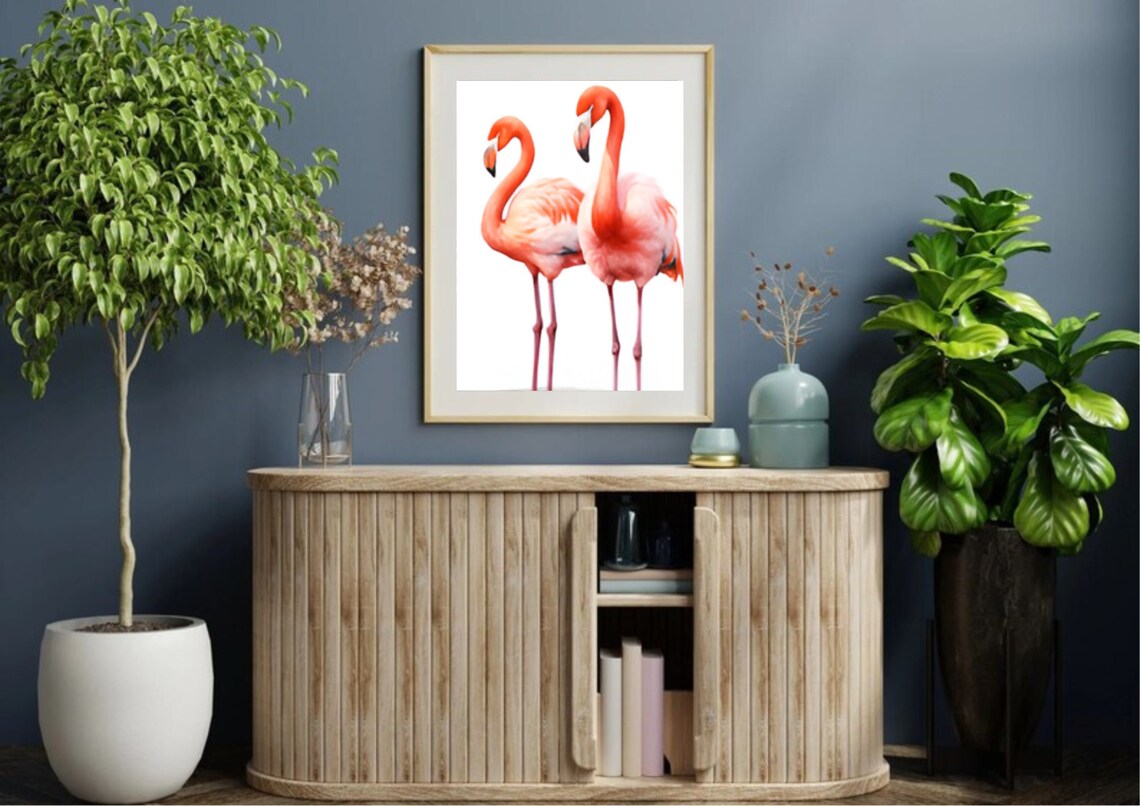 Two Pink Flamingos Watercolor Bird Art Poster Soft White Background - Image 4
