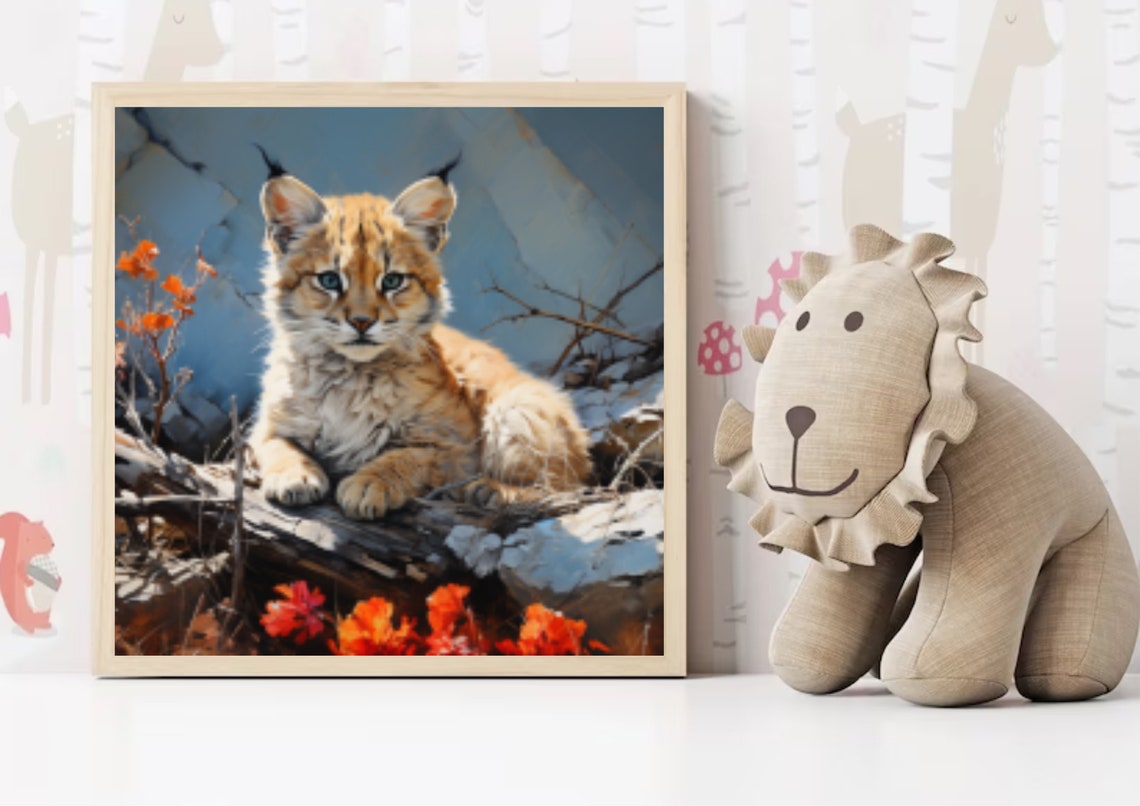 Young Lynx Resting On Fallen Log Among Red Leaves Watercolor Poster - Image 2
