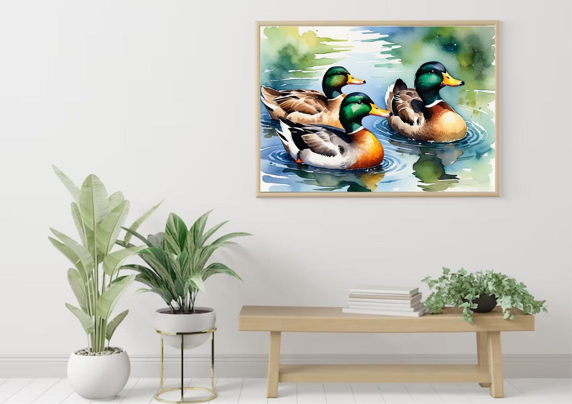 Three Mallard Ducks Swimming Watercolor Wildlife Pond Poster - Image 4