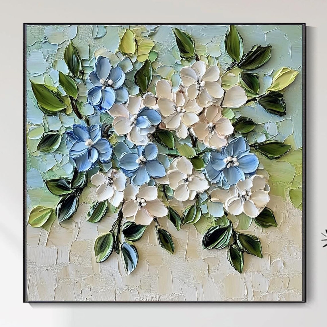 Blue White Blossom Branch Heavy 3D Impasto Floral Textured Poster