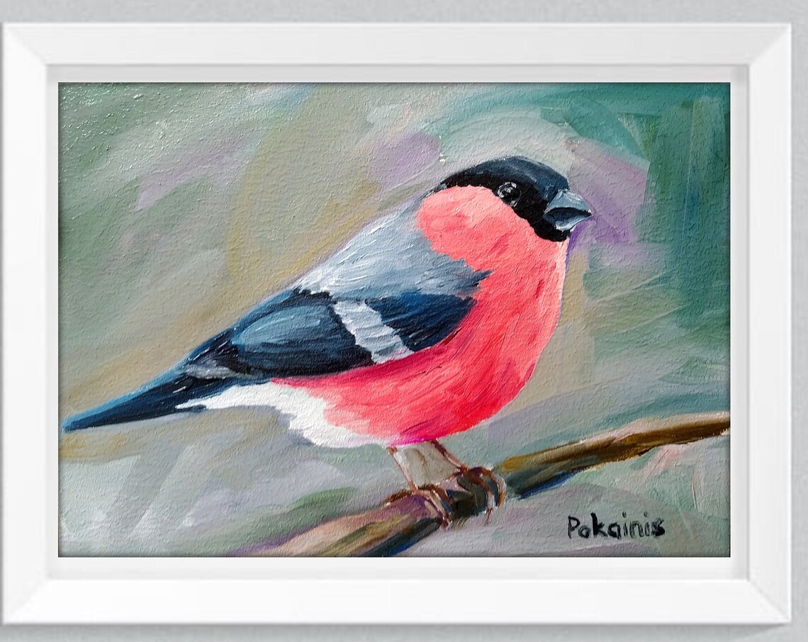 Eurasian Bullfinch on Winter Branch Original Oil Bird Poster - Image 5