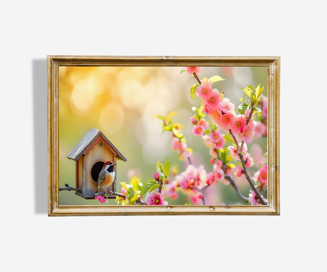 Birdhouse with Songbird Pink Blossom Branch Spring Art Poster