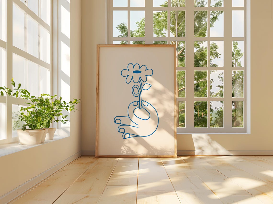 Cobalt Blue Line Art Hand Holding a Flower Minimalist Decor Poster - Image 4