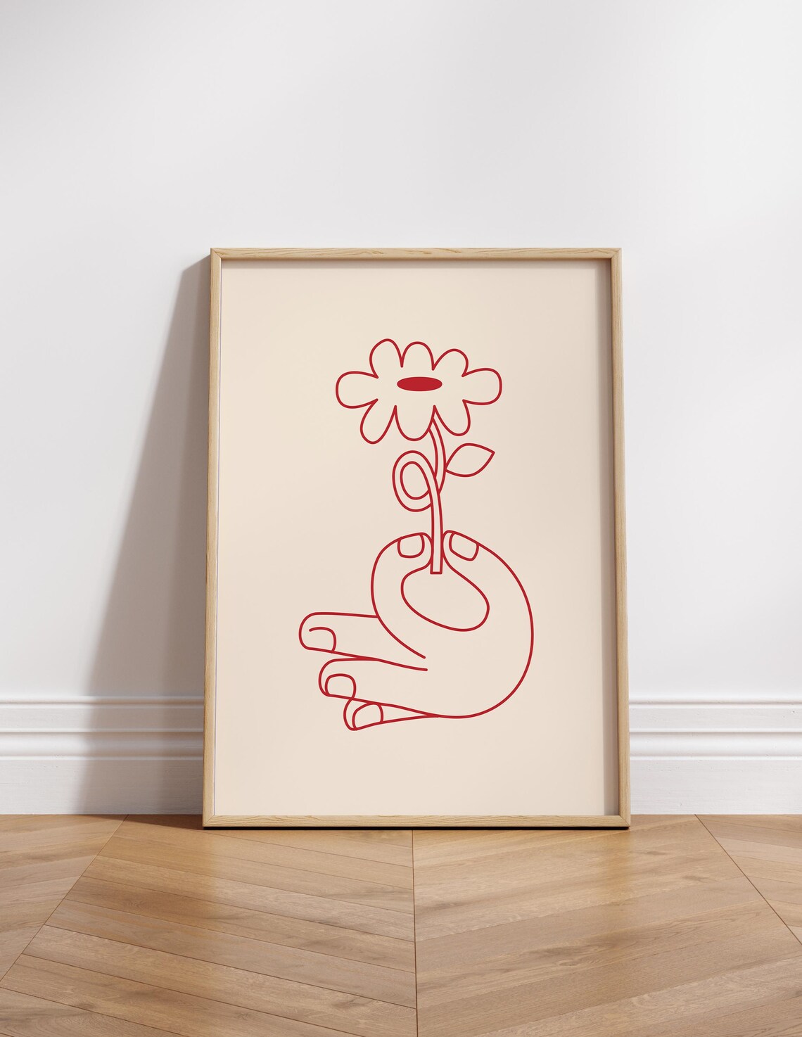Elegant Minimalist Red Line Drawing Hand Holding a Flower Print